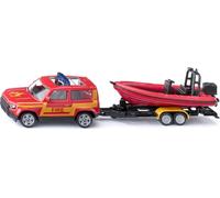ERYI-1608, Land Rover Defender Camion Pompiers Avec Remorque Et Bateau, Voiture-Jouet Pour Enfants, Métal/Plastique, Rouge/Jaune, Pneus Caoutchoutés, Barres De Signalisation Bleues