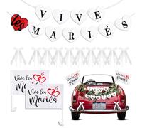 Eryi-2pcs Drapeau Pour Voiture Imprimé Vive Les Mariés +Bannière Vive Les Mariés Banderole De Mariage En Forme De Coeur + 10pcs N?Uds Blancs Avec Mini C?Urs Decorative Decoration Pour Mariage