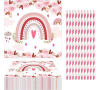 Eryi-40 Fleurs De Serviette, 10 Pailles Rayées, Serviettes De Décoration De Table De Baptême, Accessoires De Serviettes De Décoration De Fête, Serviettes Décoratives Roses