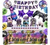 Eryi-92pcs Ensemble Vaisselle Fête Kit Fortnit-E, Decoration Anniversaire Avec Assiette Nappe Ballon Bannière D'anniversaire, Kit De Fête Anniversaire Pour 10 Invités