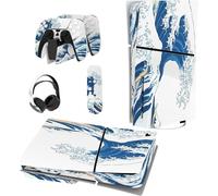 Eryi-Autocollant Protection Pour Ps5 Slim Standard Console, Sticker Skin Pour Ps5 Manette & Télécommande & Casque & Station De Charge,Disc Edition-Grande Vague Kanagawa