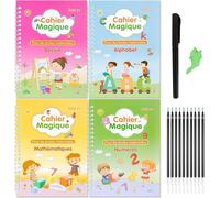 Eryi-Cahier Ecriture Magique Français, 4 Livre Cahier Calligraphie Enfants Réutilisable Avec 1 Stylo, 10 Recharges Et 1 Aide Ecriture, Cahier Exercice Rainure Pour Vacances Maternelles,18x13cm