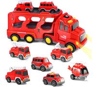 ERYI-Camion Pompier, 7 En 1 Véhicule Pompier, Avec Petite Voiture Enfant Et Tatouage Enfant, Son Et Lumière Camion Jouet, Véhicule De Transport, Cadeau Pour Garçons Fille 1 2 3 4 5 6 Ans
