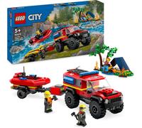 ERYI-City Le Camion De Pompiers 4X4 Et Le Canot De Sauvetage, Jouet Pour Garçons Et Filles Dès 5 Ans, Bateau À Moteur, Remorque, Tente De Camping Et Minifigurines De Randonneur Et 2 Pompiers 60412