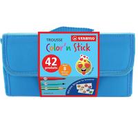 Eryi-Color'n Stick - Trousse De Coloriage - 22 Feutres + 12 Crayons De Couleur + 8 Stickers Textiles Émoticônes- Coloris De La Trousse Aléatoire (Bleu Ou Rose)