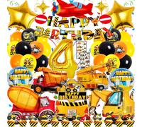 ERYI-Decoration Anniversaire Chantier 4 Ans Garçon - 48 Pièces Kit Thème Véhicules De Construction - Xxl Ballons Excavatrice, Bannièr, Décorations Gâteau, Tatouage Autocollants - Pour Fête Enfant 4 A