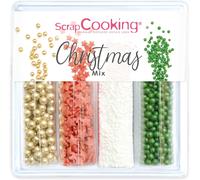 Eryi-- Décors Sucrés « Xmas Mix » 70 G - Assortiment 4 Variétés : Perles Dorées, Billes Vertes, Étoiles Rouges, Vermicelles Blancs - Décorations Bûche, Gâteau, Cupcakes, Déco Table Noël - 7520