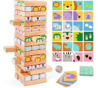 ERYI-Jeu D`Empilage De Blocs En Bois \U2013 Jeu De Société Familial 4 En 1 Tour Avec Blocs De Construction, Cartes Et Dé \U2013 Jouet Éducatif Animaux African Safari Pour Enfants De 3 À 9 Ans