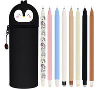 Eryi-Kawaii Étui École 2 En 1 En Silicone Souple + 8 Stylos Effaçables Multicolores - Tigre, Porte-Plume Étanche Avec Fermeture Éclair, Set De Fournitures Pour École, 0,7 Mm (Pingouin)