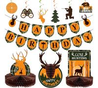 Eryi-Kit De 16 Fécorations De Fête D'anniversaire De Chasse Bannière Décor De Table En Nid D'abeille De Gone Hunting Cartes À Suspendre De Tourbillons Colorés Cartes Ours Oh Deer Arbre Vert