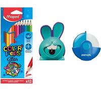 Eryi-Kit De Coloriage 12 Crayons De Couleur Peps + Gomme Zenoa Bleue + Taille-Crayon Croc Lapin Bleu