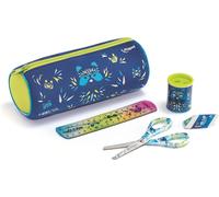 Eryi-- Kit De Fournitures Scolaires Mini Cute Pour Les Enfants - 1 Trousse Ronde + 1 Paire De Ciseaux 13cm + 1 Taille-Crayons Canette + 1 Gomme Blanche + 1 Règle 15cm - Bleu