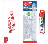Eryi-- Kit Géométrie 4 Pcs + 12 Crayons À Papier Navy - Règle 30 Cm + Équerre Scolaire 60°/21 Cm + Équerre Scolaire 45°/21 Cm + Rapporteur 180° / 12 Cm - Set De Traçage Rigide Transparent