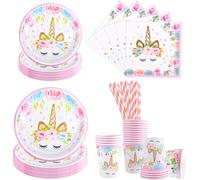 Eryi-Lot De 100 Assiettes De Fête Licorne Pour 20 Invités - Vaisselle D'anniversaire Licorne - Décoration De Fête D'anniversaire - Assiettes, Gobelets, Serviettes - Rose