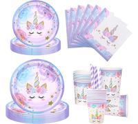 Eryi-Lot De 100 Assiettes De Fête Licorne Pour 20 Invités - Vaisselle D'anniversaire Licorne - Décoration De Fête D'anniversaire Pour Enfant - Assiettes, Gobelets, Serviettes - Violet