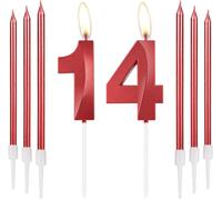 Eryi-Lot De 6 Bougies D'anniversaire Rouges En Forme De Chiffre 14 Pour Gâteau Avec 6 Bougies Longues Et Fines, Décoration De Gâteau Rouge Pour Fille Pour 14e Anniversaire De Mariage