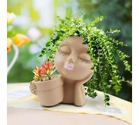 ERYI-Pot De Fleurs En Résine Avec Trou De Drainage Pour Intérieur Et Extérieur Motif Visage De Fille Beige