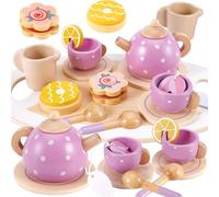 ERYI-Service À Thé Jouets Cuisine En Bois Pour Enfants, Dînette Enfant Cuisine Accessoire Ave Plateau Anniversaire Cadeau Pour Enfants Filles Garçons 3 4 5 An