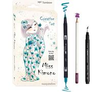 Eryi-Set Créatif Japon Edition Limitée Miss Kimono, 2 Abt Dual Brush Pens, 1 Mono Drawing Pen, 1 Crayon De Coul Irojiten, 15 P Papier Aquarelle A6 Et Qr-Code Vers Une Vidéo Tutorielle [Japan-Set1]