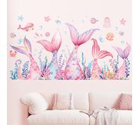 Eryi-Stickers Muraux Sous La Mer Sirène, Autocollant Mural Océan Algues, Marin Poisson Papier Peint Enfant Sticker Mural Pour Décoration Murale Chambre Bébé Fille Enfants Pépinière Salon