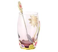 ERYUE Tasse en Verre, Belle Tasse à thé à Fleurs avec Cuillère, pour la Maison et le Bureau, Verres sans BPA, Cadeau (Chrysanthème vert 350ML)