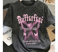 Es Trus Coton Été Femmes Décontracté Drôle Imprimé "Lettre Papillon Rose" Personnalisé Graphique Streetwear, Style Rétro Coréen Chic Navetteur Y2K, Régulier Créneau Punk Ajusté Noir Col Rond Manches C