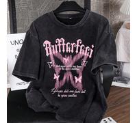Es Trus Coton, Impression amusante d'été pour femmes "Lettre papillon rose" Impression de motif personnalisé, Style de rue coréen confortable rétro, Vêtements polyvalents Y2k pour femmes, Convient aux