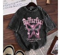 Es Trus Coton, T-shirt court à col rond noir bien ajusté, style punk régulier, lavé, style de mode rétro coréen confortable, imprimé personnalisé "Lettre papillon rose", style de rue polyvalent Y2k, c