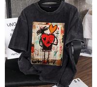 Es Trus Coton, T-shirt décontracté à col rond noir pour femmes, imprimé d'un motif "Cœur humain abstrait" de style graffiti, à la mode Y2K, lavé L,M,S,XL,XSCartoon,Géométrique,graphiqueTissu tricoté