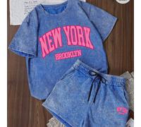 Es Trus Ensemble 2 pièces T-shirt à manches courtes et short en coton d'été pour femmes, style coréen rétro à la mode Y2K, imprimé graphique personnalisé "New York" en style hip-hop, confortable et po