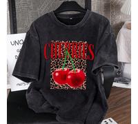 Es Trus t-shirt graphique d'été en coton pour femmes, imprimé léopard et cerises, style vintage coréen streetwear Y2K, coupe slim col rond manches courtes, noir lavé L,M,S,XL,XSImprimé léopard,Fruits 