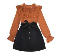 es-uk Ensemble jupe et haut pour fille - Haut à manches longues à volants et jupe noire, Marron et noir., 8-9 ans