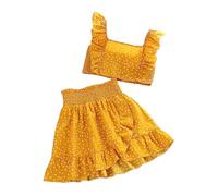 es-uk Ensemble jupe et haut pour filles - Haut caraco court à pois et jupe pour filles de 5 à 12 ans - Tenue disco - Tenue de danse - Robe d'été, jaune, 9-10 ans
