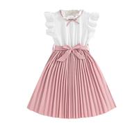 es-uk Robes pour filles - Robe plissée avec col à volants et manches courtes, taille élastique et ceinture assortie, rose, 9-10 ans
