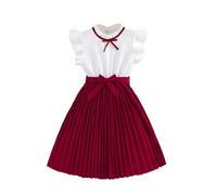 es-uk Robes pour filles - Robe plissée avec col à volants et manches courtes, taille élastique et ceinture assortie, Rouge, 8-9 ans