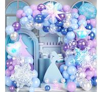 ESAG Kit d'arche de ballons La Reine des Neiges en forme de flocon de neige, décorations hivernales, guirlande de ballons bleu, violet, argenté avec 6 grands ballons en aluminium, décorations de fête