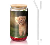 ESASAM Art Lion Tasse en verre avec paille recouverte de bambou 473 ml, hautement transparente et sans BPA, saine et respectueuse de l'environnement