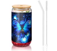 ESASAM Blue Butterfly Tasse en verre avec paille recouverte de bambou 473 ml, hautement transparente et sans BPA, saine et respectueuse de l'environnement