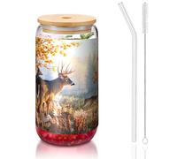 ESASAM Deer Wildlife Art Tasse en verre avec paille recouverte de bambou 473 ml, hautement transparente et sans BPA, saine et respectueuse de l'environnement