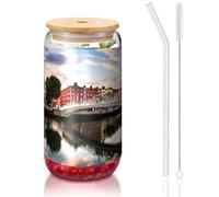 ESASAM Dublin Irlande Ha Penny Bridge River Tasse en verre avec paille recouverte de bambou, hautement transparente et sans BPA, saine et respectueuse de l'environnement 473 ml