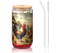 ESASAM Farm Print Tasse en verre avec paille recouverte de bambou et coq 473,6 g, hautement transparente et sans BPA, saine et respectueuse de l'environnement