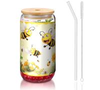 ESASAM Flying Bees Tasse en verre avec paille recouverte de bambou 473,6 g, très transparente et sans BPA, saine et respectueuse de l'environnement