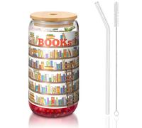 ESASAM Funny Book Shelf Collection and Ladder Tasse en verre de paille recouverte de bambou 473,6 g, hautement transparente et sans BPA, saine et respectueuse de l'environnement