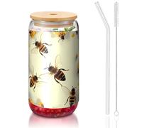 ESASAM Honey Bee Tasse en verre avec paille recouverte de bambou 473 ml, hautement transparente et sans BPA, saine et respectueuse de l'environnement