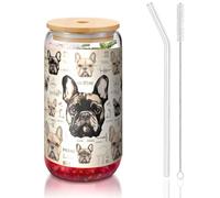 ESASAM I Love French Bulldog Tasse en verre avec paille recouverte de bambou, très transparente et sans BPA, saine et respectueuse de l'environnement 473,6 g