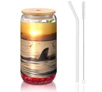 ESASAM Killer Whale Under Sunset Tasse en verre avec paille recouverte de bambou, très transparente et sans BPA, saine et respectueuse de l'environnement 473,6 g