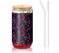 ESASAM Pink Butterfly Tasse en verre avec paille recouverte de bambou 473 ml, hautement transparente et sans BPA, saine et respectueuse de l'environnement