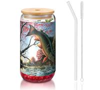 ESASAM Safflower Flying Fish Tasse en verre avec paille recouverte de bambou 473,6 g, hautement transparente et sans BPA, saine et respectueuse de l'environnement
