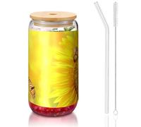 ESASAM Sunflower Butterfly Sunny Tasse en verre avec paille recouverte de bambou, très transparente et sans BPA, saine et respectueuse de l'environnement 473,6 g
