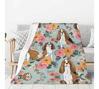 ESASAM Sweet Basset Hound Florals Couverture en flanelle légère et chaude hypoallergénique 320 g